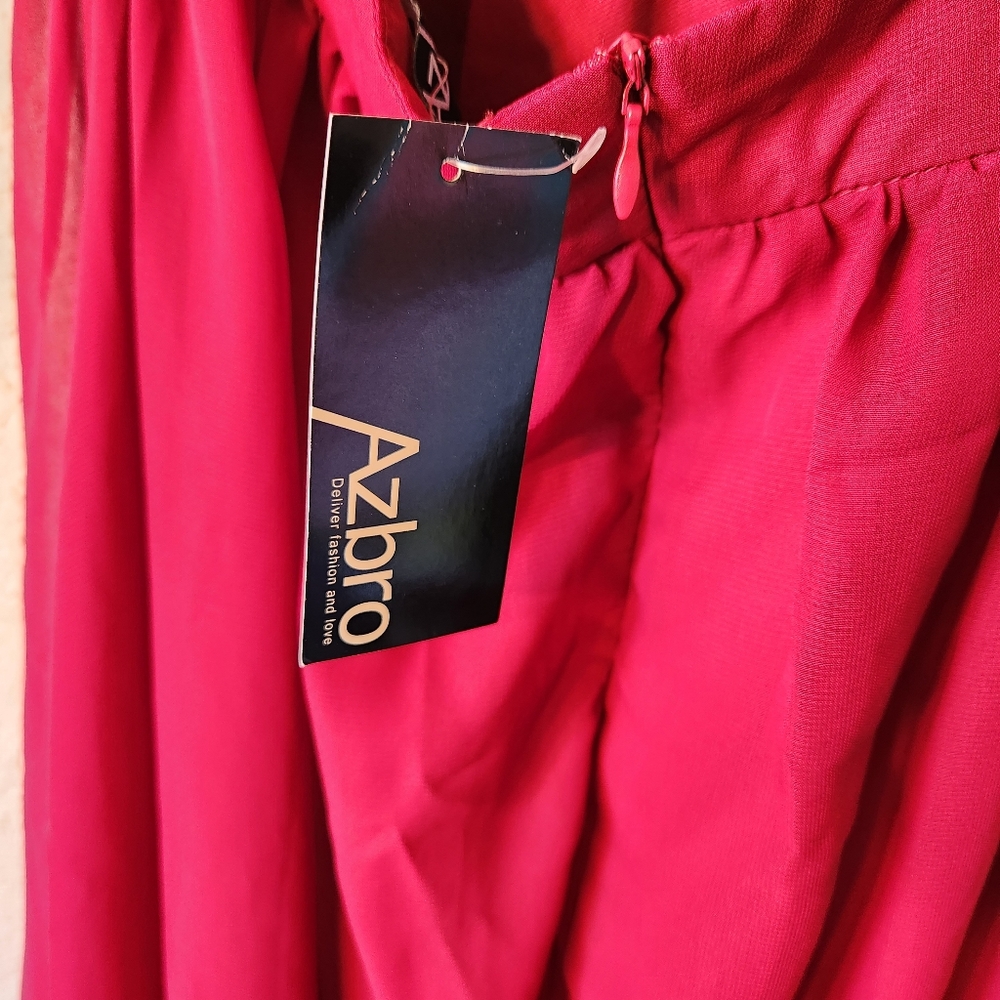 Azbro Women red Halter open back dress high low chiffon v neck sz small NWT sexy - Picture 7 of 12